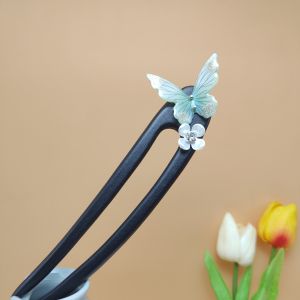 F4 Jepit Rambut Sanggul Tusuk Konde Kayu Hitam Hanfu Butterfly U-Shaped Wooden Hairpin TUOK001