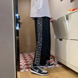 ไซด์ใหญ่ L-5XL กางเกงขายาวใส่ได้หญิงชาย กางเกงเอวสูงทรงกระบอก กางเกงทรงหลวมเอวยางยืดไตล์เกาหลีแฟชั่น สตรีทคู่รักก็ใส่ได้