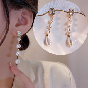 New Long Dangle Drop Earrings Crystal Earrings Heart Shaped Earring for Women Long Fringed Pearl Earrings Jewelry