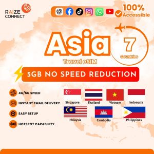 Asia 7 countries eSIM | Vietnam+Philippines Included | 5-20GB High Speed | 30 Days Data Plan | Raize Connect