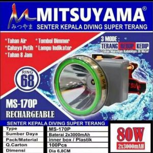 Terbaru Senter kepala Mitsuyama led cas 80 watt tahan 8 jam MS-170p bisa jarak jauh headlamp Senter kepala diving