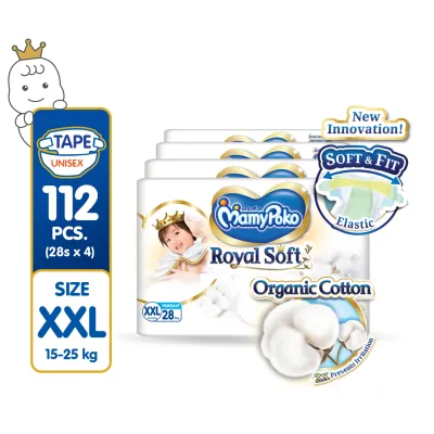 MAMYPOKO Royal Soft Organic Cotton Baby Disposable Diaper Tape XXL 28 pcs x 4 packs (112 pcs)