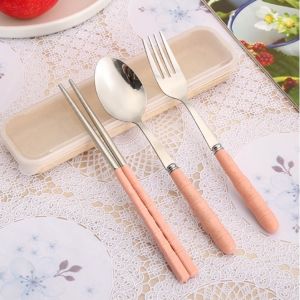 Sendok Set Sumpit Garpu Kulteri Jerami Gandum Plastik Stainless Portable Travel Alat Makan Souvenir