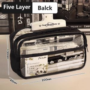 CHUAN Five-Layer Pen Bag PU Leather+PVC Large Capacity Pencil Case Portable Portable Pencil Box Student Gift