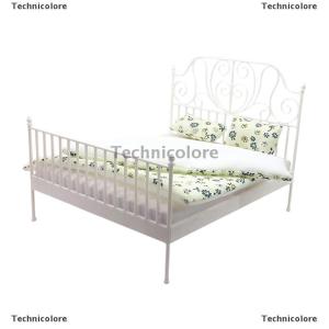 [COD] Technicolore บ้านตุ๊กตา1 12จำลองเตียงยุโรปพร้อมหมอนที่นอนผ้าห่มตุ๊กตาบ้านเหล็กศิลปะเตียงคู่ห้องนอนเฟอร์นิเจอร์ตกแต่งของเล่น