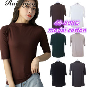 Ruizhijzg Plus Size M-2XL Modal Cotton Womens High Neck Short Sleeve T-shirt Summer Ladies Girls Thin Top Female Slim Plain Color Shirt