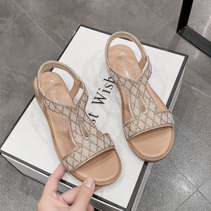 Free Shipping New Plus-Size Roman Sandals For Women Featuring A Wedge Heel Open-Toe Design Elastic Straps And Fashionable Rhinestone Embellishments