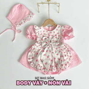BD225 Body váy hồng cho bé gái sơ sinh RIOKIDS quần áo đầy tháng rửa tội thôi nôi
