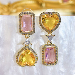 SEQUITO Delicate Women Jewelry Yellow Gold Plated Paved Settting Baguette Cut AAA Zirconia Charming Heart Pendant Drop Dangle Earrings for Evening Party SE915