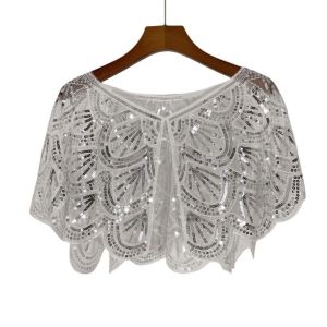 HULEQQI Lưới Áo khoác poncho sequin Ruffle Lấp lánh Khăn choàng flapper Thời trang Rỗng Khăn choàng sequin Quý cô