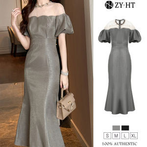 ZYHT EraVogue Womens Dress Grey Dress Black Puffed Sleeve Dress Fishtail Dresses Work Dresses Hi-so Dresses Vintage Dresses Dress Evening Dresses 21349