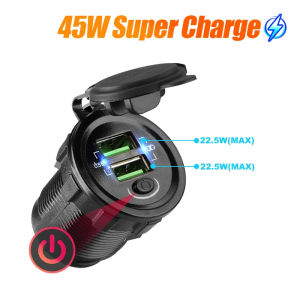 QC3.0 45W Car Usb Charger Auto 12-24V Socket Adapter Port Super Quick Charge With Switch ON/OFF Motorcycle Camper Boat Accessories