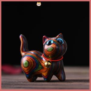 CISWGE Rainbow Wood Carving Cat Sculptures Cat Ornaments Cute Colored Wooden Cat Desktop Office Accessories Home Decor Gift Souvenirs