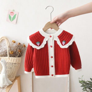 Girls Sweater Jacket Spring and Autumn Outfit 2025 New Baby Sweet Doll Collar Top Childrens Red Knitted Cardigan