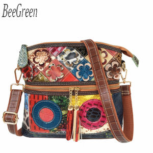 BeeGreen Women Colorful Cowhide Shoulder Bag Multicolor Flower Patchwork Crossbody Bag Casual Serpentine Texture Sling Bag
