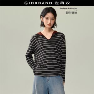 Giordano Women Striped v-neck long sleeve hooded tee Free Shipping 18326719