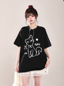 T-Shirt Wanita Lengan Pendek Ukuran Besar - Motif Kucing Kartun & Tulisan Keren Katun Tipis Bernapas Premium Desain Streetwear Korea Longgar Slim Fit Tren Musim Panas 2025  Ukuran besar  Womens Clothing  Manis dan imut  Modis  Kerah bulat Tops