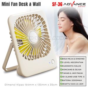 Kipas Mini Fan USB Multifungsi Desk Fan & Wall Fan Rechargeable Portable 2000mAh 3 Speed Kencang Halus Tidak Berisik ADVANCE VOTRE SF-36 | TOKO SINAR AUDIO