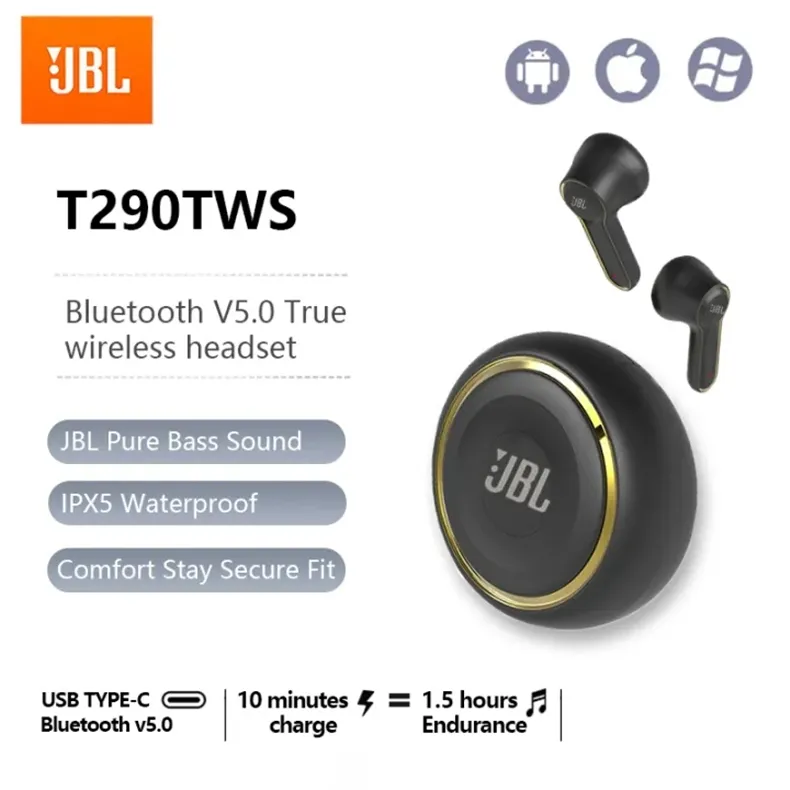 JBL T290 TWS Wireless Bluetooth Headphones Built-in Microphone