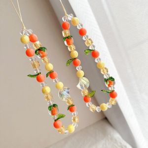 LUXERY Orange Persimmon Leaves Phone Lanyard Bag Chain Handmade Cartoon Anti Loss Rope Trendy Bracelet Crystal Bead Charms