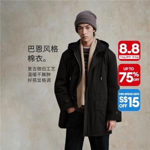 Giordano Men 100% Cotton mid-length hooded barn jacket Free Shipping 18075835