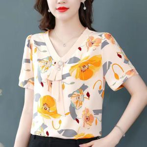 100KG Fat Girl Can Wear Floral Chiffon blouse Women Elegant Temperament V neck Short Sleeve Middle age mother Plus Size Age reduction tees Ladies Korean Style Chiffon shirt tops