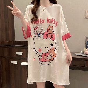 2025 Cute Hello Kitty Womens Sleep Tops Summer Ice Silk  Thin Short Sleeve Female Sleeping Skirt Pregnant Pajamas Dress Summer