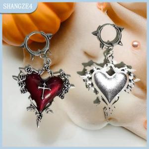 【SHANGZE4】 Goth Đồ Trang Sức Gai Tim Chéo Bông Tai Nhỏ Giọt Dầu Hoa Hồng Hoa Tai Cho Phụ Nữ Punk Charms Phụ Kiện