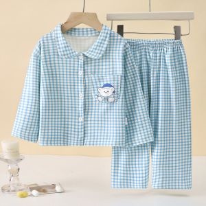 NALANILI Plaid Printed Kids Pajamas Suits Two-Piece Set Long Sleeve Childrens Sleepwear Breathable Pajamas Top Bottom Kids Homewear Home