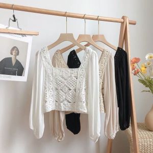 Korean Style Women Fashion French Knitted Bubble Long Sleeve Blouse Jacket Top T-028