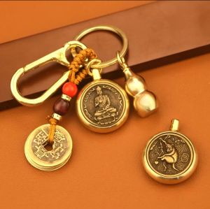 Móc khóa đồng thau phong thủy 4 món móc treo dây 5 đồng xu hồ lô rỗng bát xoay 12 con giáp và 8 vị thần bản mệnh