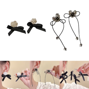 Elegant Heart Dangle Earrings for Daily Wear Bowknot Fringe Stud Earring for Women Girl Black Stud Earring Gift