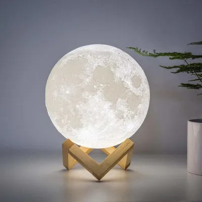 New 12cm Lunar Glow Moon Lamp - 6 Color Touch Sensor Night Light with Wooden Base Perfect for Bedroom & Home Decor
