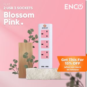 Enco 2U3K (2U3K) 3 Way Gang Socket Extension Plug Adapter Power Strip with 2 USB Port 2M Cable Cord SIRIM APPROVED - White Pink