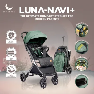 LUNABABY LunaNavi+ Ultra Lightweight Compact Stroller for Travel with Magnetic Buckle & One-Push Fold