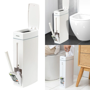Slim Plastic Trash Can with Toilet Brush Holder 4.5L Garbage Can with Press Top Lid Rectangular Modern Waste Can Decor