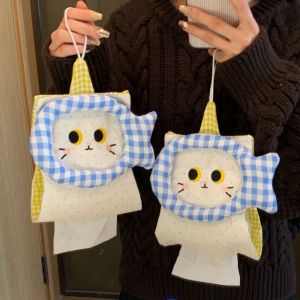 VB45D High Aesthetics Fabric Tissue Cover Retro Cartoon Cat Soft Wall Mounted Paper Bag Cute Decorative Hanging Tissue Holder Living Room