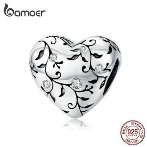 BAMOER European Patterns Heart Beads Charm Silver 925 Original Pastoral Style Retro Flower Charms Jewelry DIY New SCC1323