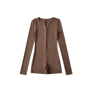 บอดี้สูทแขนยาว ผู้หญิง ชุดโยคะ ดีเทลกระดุมหน้าจริง เนื้อผ้าร่องอย่างดี กระชับยืดหยุ่น เก็บทรง ดีไซน์สวยงาม ใส่สบาย ชุดฟิตเนส #1206