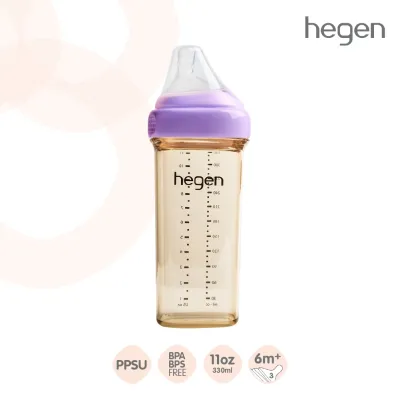 Hegen ขวดนม PPSU 11oz/330ml (แพ็ค 1 ขวด) จุกนมเบอร์ 3 Fast Flow (6เดือน+) ขวดนมสีชา ทรงเหลี่ยม จุกเสมือนนมแม่ ปลอดสาร BPA Feeding Bottle