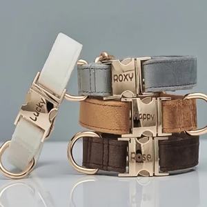 Velvet Dog Collar with Engravable Metal Buckle and Matching Leash Set