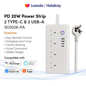 Tuya Smart Power Strip MY/SG 13A WiFi Extension Socket with 4AC Outlets 1PD 20W Fast Charging 3USB Ports APP Control Voice Control Timing Switch Smart Life