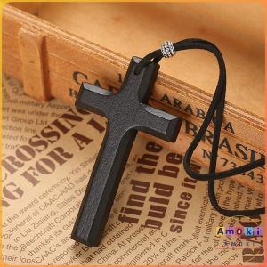 Amoki Wooden Cross Necklace On Leather Cord For Pendant In Black Brown Tone Jewelry