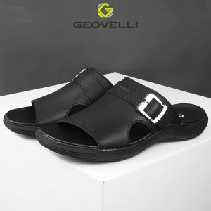 Gvl Geovelli Sandal Pria Sendal Slide Cowok Casual Kekinian Kulit Premium Kualitas Lokal - G1989 Hitam