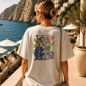 [Local Stock] HBESTY  Floral Crew Neck Short Sleeve Cotton T-Shirt Relaxed Fit Gray Botanical Illustration Have A Lovely Day Flowers Leaves Berries