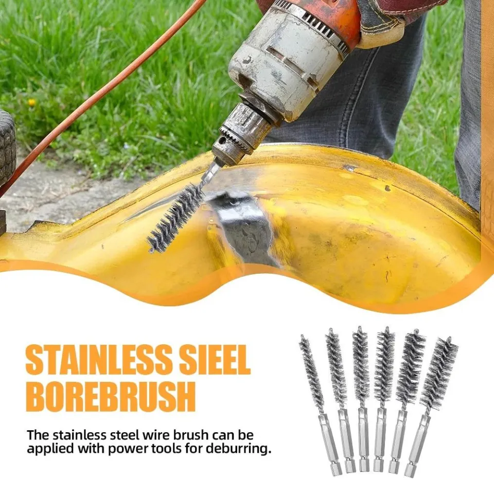 6-Piece Stainless Steel Bore Cleaning Brush Set – 1/4" Hex Shank For Power Drills