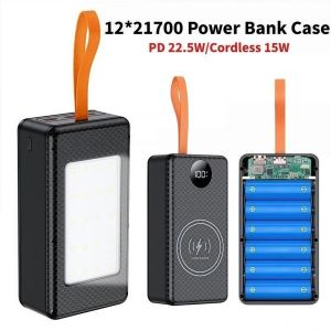 PLLEWY Fast Charging 1221700 Power Bank Case Dual USB PD 22.5W/Cordless 15W Battery Box Holder Professional with Camping Lights DIY Charging Box For Smart Phone