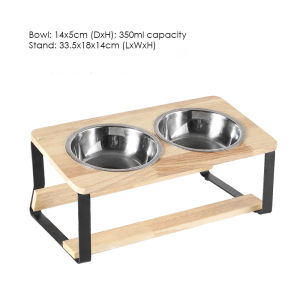 Pet Food Bowl with Elevated Wood Stand Double Ceramic / Stainless Steel Dog Cat Bowl Tilted Design for Dogs & Cats