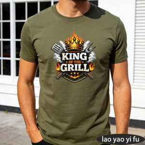 [Local Stock] HBESTY  King Of The Grill Crown Spatula Fork Flame Emblem Men Summer Cotton T Shirt Backyard Barbecue Dad Graphic Short Sleeve Apparel