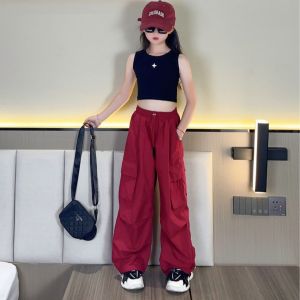 สาวใหญ่เด็กแฟชั่นถูพื้นกางเกงขากว้างสาว 2025 ใหม่เด็กเน็ตสีแดงทอดกางเกงถนน